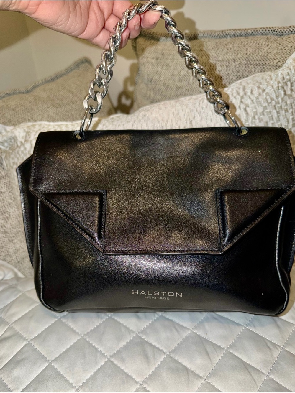 Halston Heritage Black Leather Shoulder Bag with Silver Chain Handle